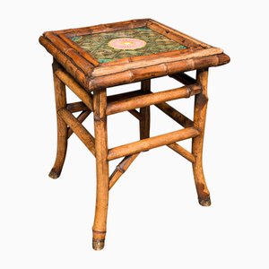 Small Antique English Lamp Table in Bamboo & Ceramic, 1890s