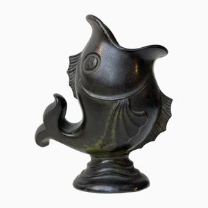 Scandinavian Art Deco Koi Fish Vase in Patinated Metal, 1930s