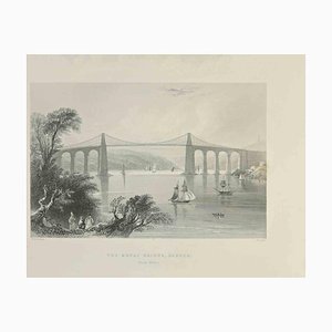 JC Armytage, el puente de Menai, Bangor, aguafuerte, 1845