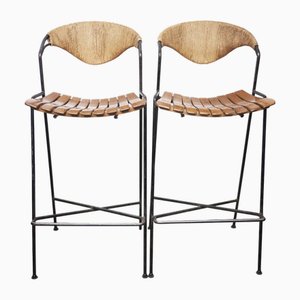 Wrought Iron, Wicker and Wood Slatted Bar Stools by Arthur Umanoff for Raymor, 1950s, Set of 2