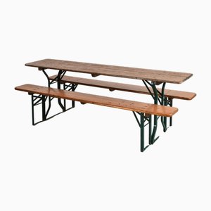 Vintage German Beer Hall Table and Benches, Set of 3