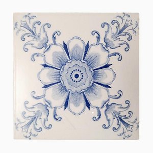 Art Deco White and Blue Flower Glazed Tiles by Le Glaive, 1920