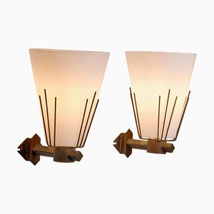 Wall Lamps in Glass and Brass, 1950s, Set of 2
