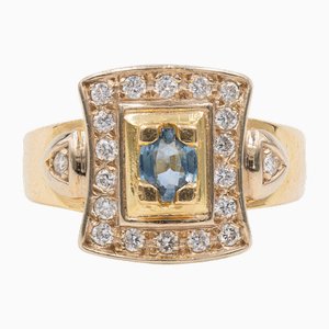 Anillo vintage de oro amarillo de 18 k con topacio y diamantes de talla brillante, años 70