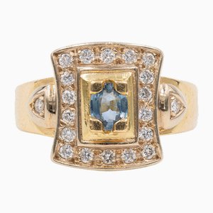 Vintage Ring in 18k Yellow Gold with Topaz and Brilliant Cut Diamonds, 1970s