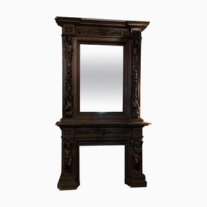 Carved Walnut Wood Fireplace, 1860s