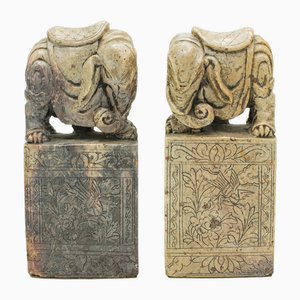 Antique Qing Era Bookends in Chinese Soapstone, 1850, Set of 2