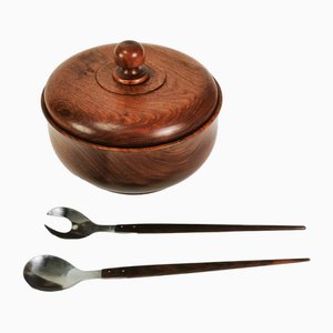 Insalatiera grande in teak e cucchiai da insalata, Danimarca, anni '60, set di 4