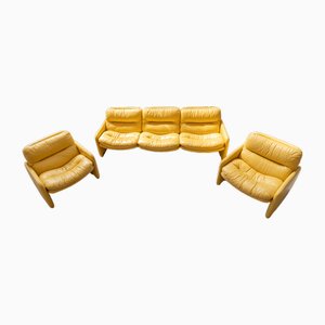 Canapé 3 Places et Fauteuils Vintage en Cuir Jaune par Ammainnati et Vitelli pour Brunati, 1970s, Set de 3