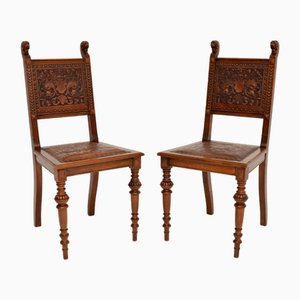Antique Victorian Carved Oak & Leather Side Chairs, 1860, Set of 2
