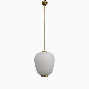 Suspension Lamp in Opaline Glass and Brass, Italy, 1950s