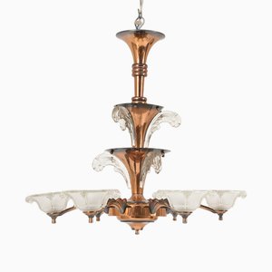 French Art Deco Copper and Glass 6-Arm Chandelier attributed to Petitot and Ezan, 1930s