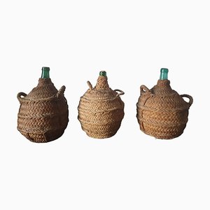 Antique Demijohn Glass Bottles Lined with Rattan Baskets, Set of 3