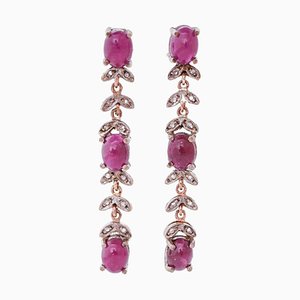 Orecchini pendenti con rubini, diamanti, oro rosa e argento, set di 2