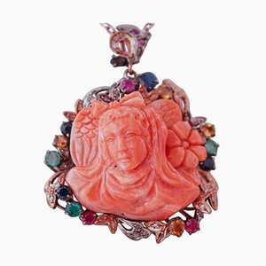 Halskette mit Koralle, Rubinen, Smaragden, Saphiren, Diamanten, Gold und Silber, 1950er