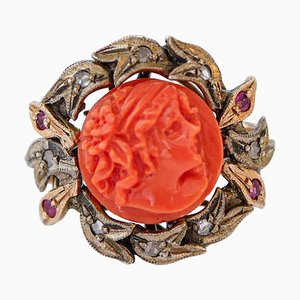Coral, Rubies, Diamonds, Rose Gold and Silver Ring