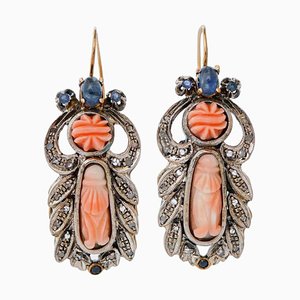 Boucles d'Oreilles en Corail, Saphirs, Diamants, Or Rose 14 Carats et Argent, 1950s, Set de 2