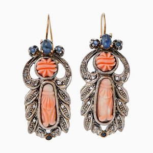 Coral, Sapphires, Diamonds, 14 Karat Rose Gold and Silver Earrings, 1950s, Set of 2