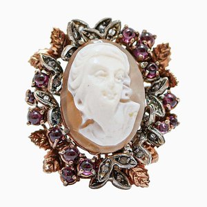 Cameo, Diamonds, Garnets, Rose Gold and Silver Ring