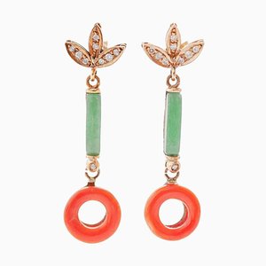 Coral, Jade, Diamonds, Rose Gold and Silver Dangle Earrings, 1950s, Set of 2
