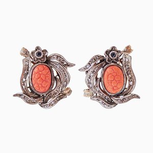 Boucles d'Oreilles en Corail, Saphirs, Diamants, Or Rose 14 Carats et Argent, 1950s, Set de 2