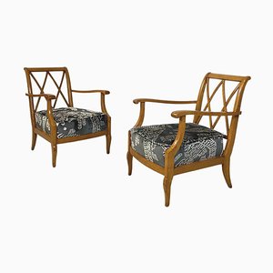 Mid-Century Italian Modern Wood and Fabric Armchair, 1940s, Set of 2