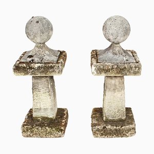 Vintage Reclaimed Weathered Composition Stone Ball Pier Caps, 1950s, Set of 2