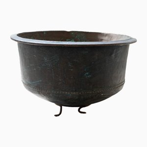 Antique Copper Cauldron with Iron Base & Decorations, 1800s