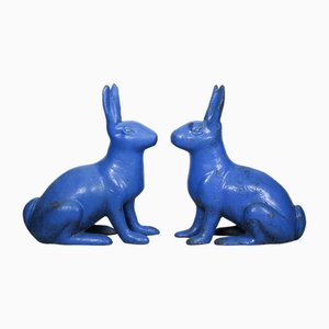 Antique Sculptural Figural Blue Painted Cast Iron Rabbit Doorstops, Set of 2