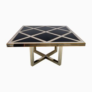 Mesa de comedor italiana Mid-Century moderna de vidrio negro, latón y cromo atribuido a Metalarte, años 70