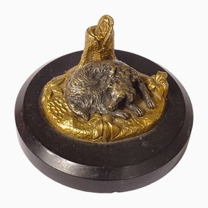 Petit Presse-Papier Chien Couché en Bronze et en Marbre, 18ème Siècle