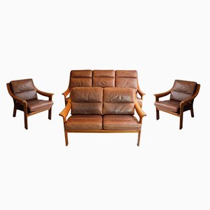 Teak and Leather Armchair and Sofas from Poul Jeppesens Møbelfabrik, 1970s, Set of 4