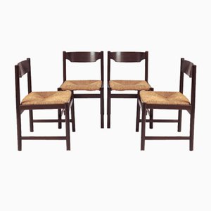 Vintage Rosewood and Straw Chairs in the style of Vico Magistretti, 1960s, Set of 4