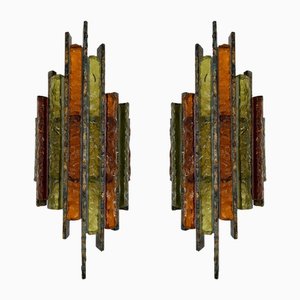 Hammered Glass and Gilt Wrought Iron Sconces from Longobard, Italy, 1970s, Set of 2