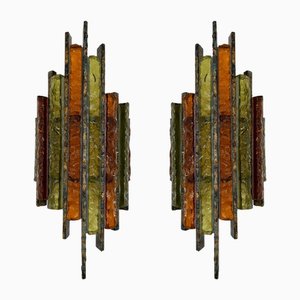 Wandleuchten aus Gehämmertem Glas & Vergoldetem Schmiedeeisen von Longobard, Italien, 1970er, 2er Set