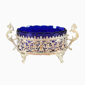 Silvered Serving Bowl with Blue Glass Insert, 1920s