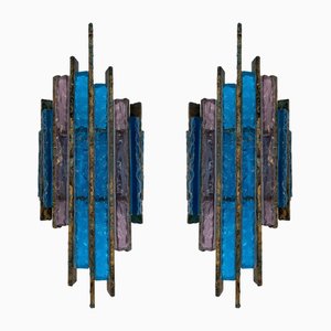 Hammered Glass and Gilt Wrought Iron Sconces from Longobard, Italy, 1970s, Set of 2