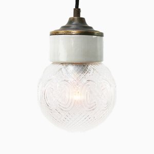 Vintage Industrial White Porcelain, Clear Glass, and Brass Pendant Lamp