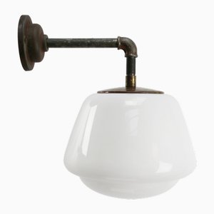Mid-Century Cast Iron, Brass and White Opaline Glass Sconce