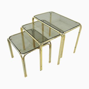 Mid-Century Satztische aus Messing & Rauchglas, 1970er, 3er Set