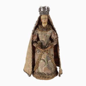 Queen Figurine in Polychrome Painted Wood and Fabric