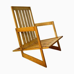 Modern Italian Light Wood Armchair with Armrests and Wooden Slats , 1980s