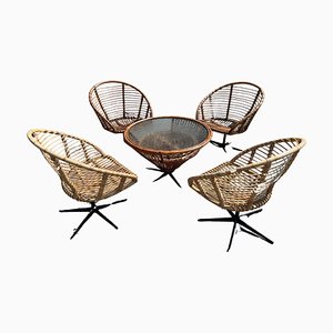 Rattan Swivel Chairs with Matching Table by Franco Albini, 1968, Set of 5