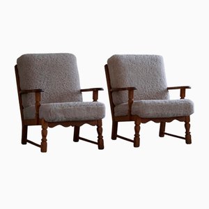 Fauteuils en Chêne et Laine d'Agneau par Henning Kjærnulf, 1960s, Set de 2