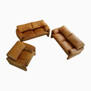 Maralunga Sofas and Armchair in Leather by Vico Magistretti for Cassina, Set of 3