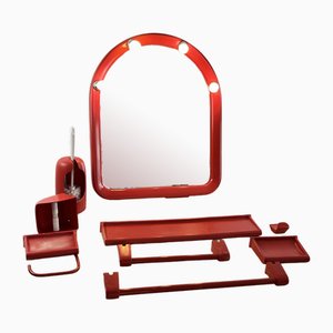 Vintage Mirror and Red Plastic Bath Accessories, Italy, 1970s, Set of 9