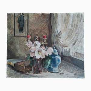 Perrier, Nature Morte avec Bougeoir et Bonbonnière, 1946, Huile sur Carton