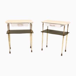 Italian White Lacquered Nightstands with Marble Tops and Glass Shelves, 1950s, Set of 2
