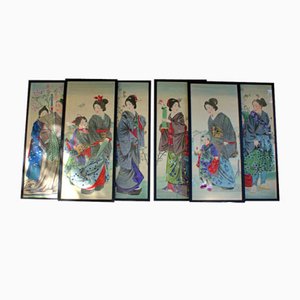 Japanischer Künstler, Nihonga Tafeln, Gemälde auf Seide, 19. Jh., 6er Set