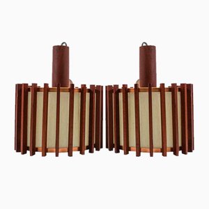 Mid-Century Modern Scandinavian Ceiling Lamps in Teak Wood and Copper, 1960s, Set of 2